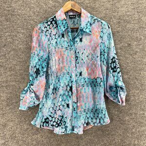 Allen B. Shirt Women XS Blue Geometric Button Up Collared Long Sleeve Casual